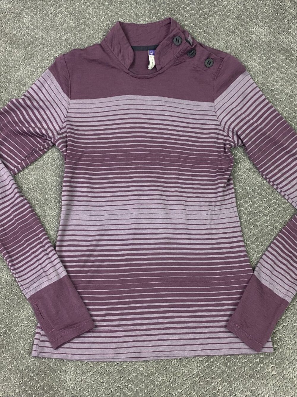Ibex Merino Wool Top Shirt Womens Small Purple Striped Trinity Shoulder Buttons